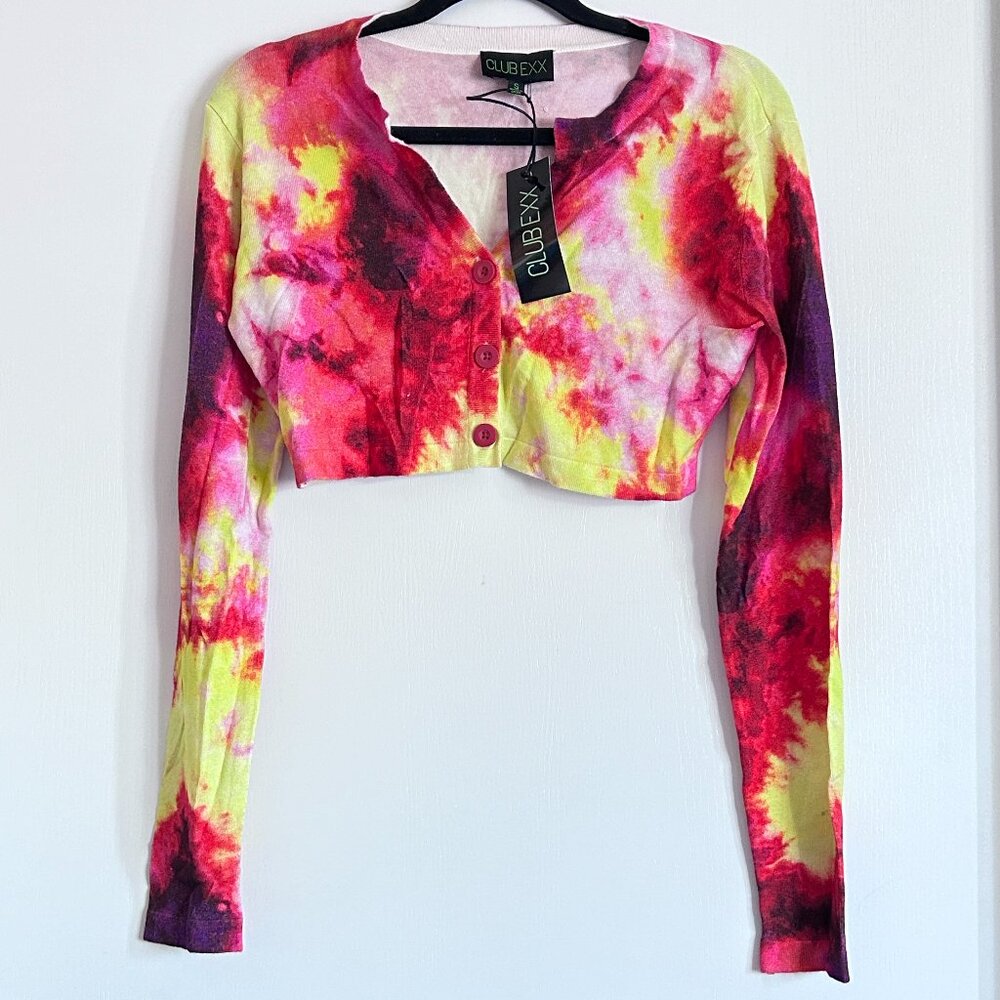 Dolls Kill Club Exx For The Story Cropped Cardigan Yellow Red Tie Dye